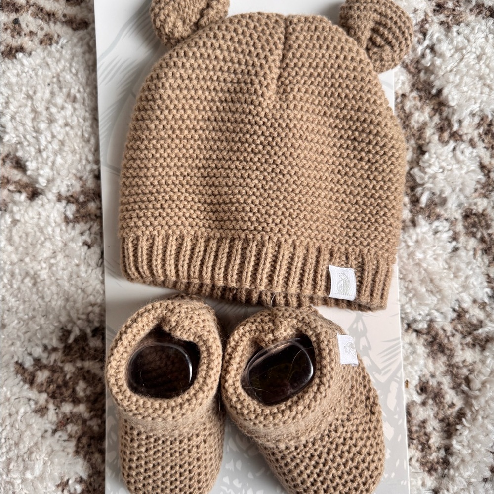 Tan Knit Baby Hat and Booties Set
